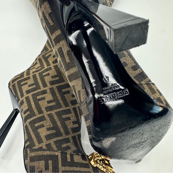 Fendi Brown Monogram Over-the-Knee Pointed Boots with Gold Medusa Medallion - Picture 6 of 7